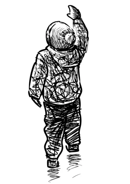 Sketch Kid Walking Street Waving His Hand Stock Illustration