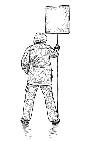 Croquis Homme Debout Dans Une Rue Ville Avec Une Affiche — Image vectorielle