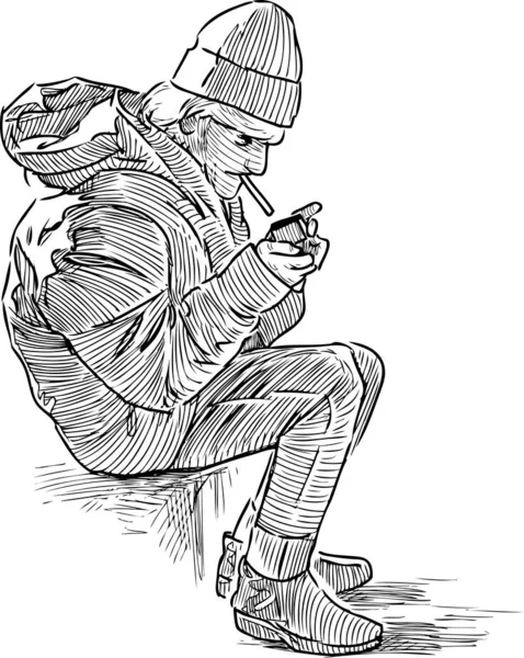 一个无家可归的老人坐在街上点燃一支香烟的素描 — 图库矢量图片