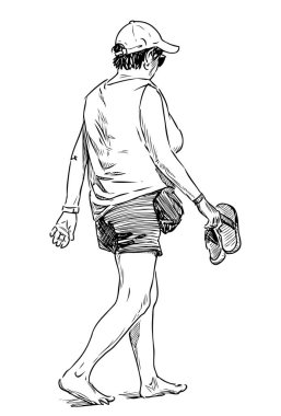 Kumsalda güneşlenirken çıplak ayakla yürüyen olgun kadın çizimi.