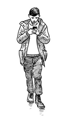 Sokak boyunca akıllı telefonlu bir gencin çizimi.