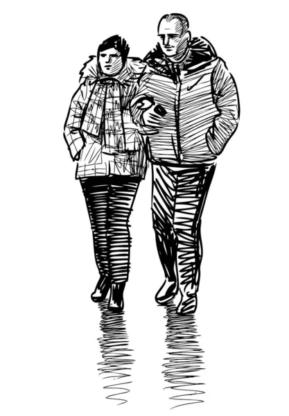 Bosquejo Una Pareja Ciudadanos Caminando Por Calle — Vector de stock