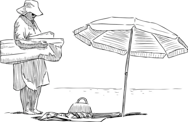 Σκίτσο Ηλικιωμένης Γυναίκας Διακοπές Στην Παραλία Δίπλα Στη Θάλασσα — Διανυσματικό Αρχείο