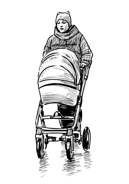 赤ちゃん馬車が散歩に歩いている若い母親のスケッチ — ストックベクタ