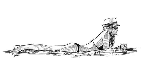 Sketch Young Slim Woman Sunbathing Beach — Stock Vector