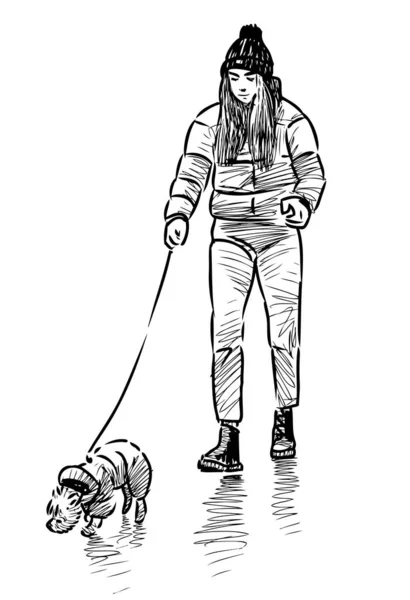 Sketch Teen Girl Walking His Dog — Stock Vector