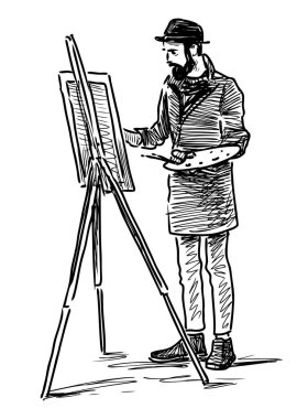 Şapkalı, açık havada resim yapan sakallı bir ressam resmi.