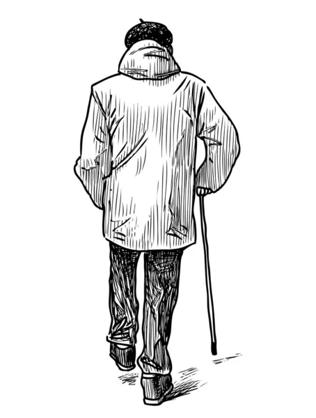 Ручной Рисунок Пожилого Человека Палкой Идущего Улице — стоковый вектор