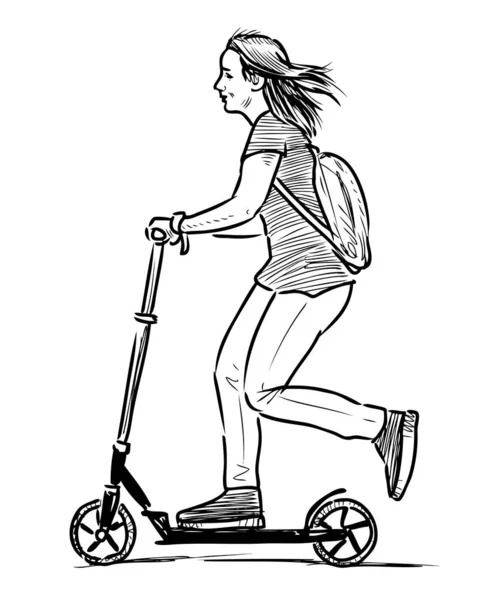 Okul Kızının Yaz Günü Scooter Sürerken Çizimi — Stok Vektör