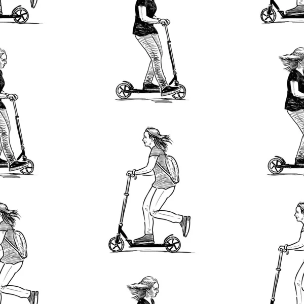 Patrón Sin Costuras Bocetos Chica Adolescente Montando Scooters — Vector de stock