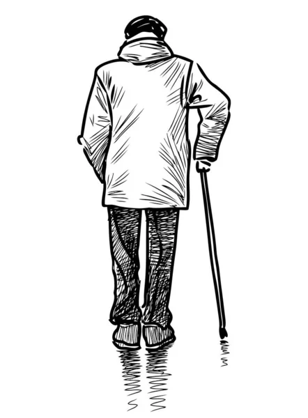 通りを歩く棒を持つ老人のスケッチ — ストックベクタ