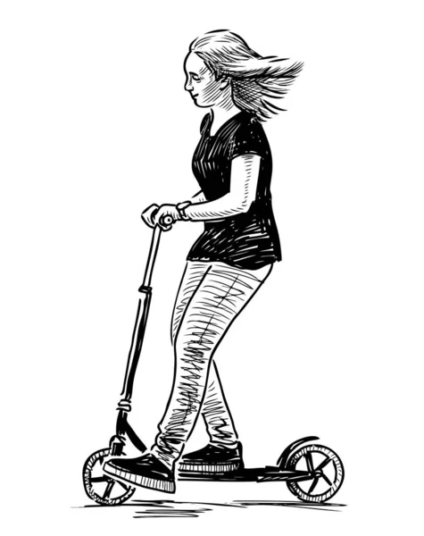 Croquis Adolescente Chevauchant Scooter Jour Été — Image vectorielle