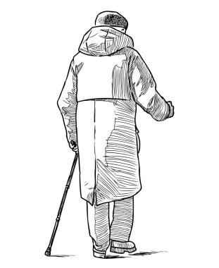 Sokakta yürüyen bastonlu yaşlı adamın çizimi.