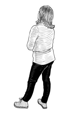 Ayakta duran ve düşünen genç kasaba kadınının çizimi.