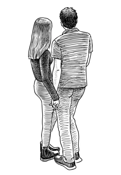 一緒に立っている若い人たちを愛するカップルのスケッチ — ストックベクタ