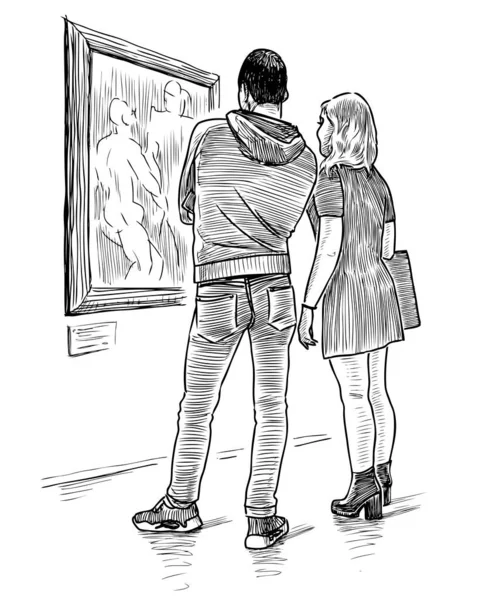 博物館に立って絵を見ているカップルの若者のスケッチ — ストックベクタ