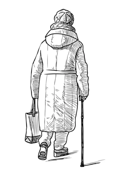 バッグと棒の通りに沿って歩くと歳の女性のスケッチ — ストックベクタ