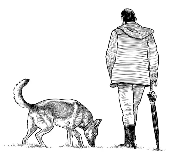 带着雨伞和他的狗出去散步的人物形象 — 图库矢量图片