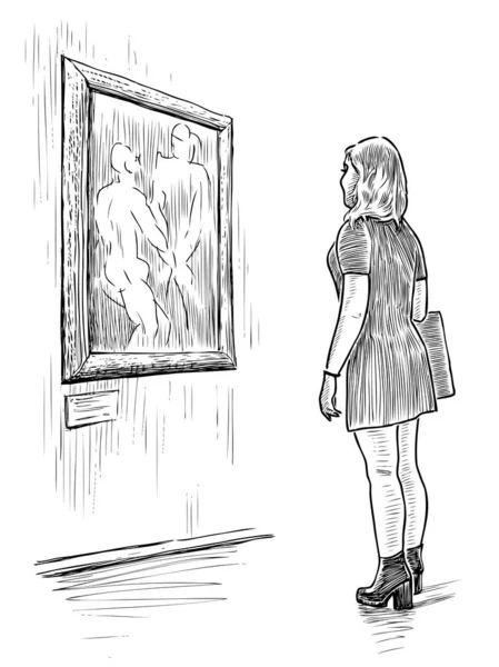 Эскиз Молодой Девушки Стоящей Смотрящей Картинку Музее Экскурсии — стоковый вектор