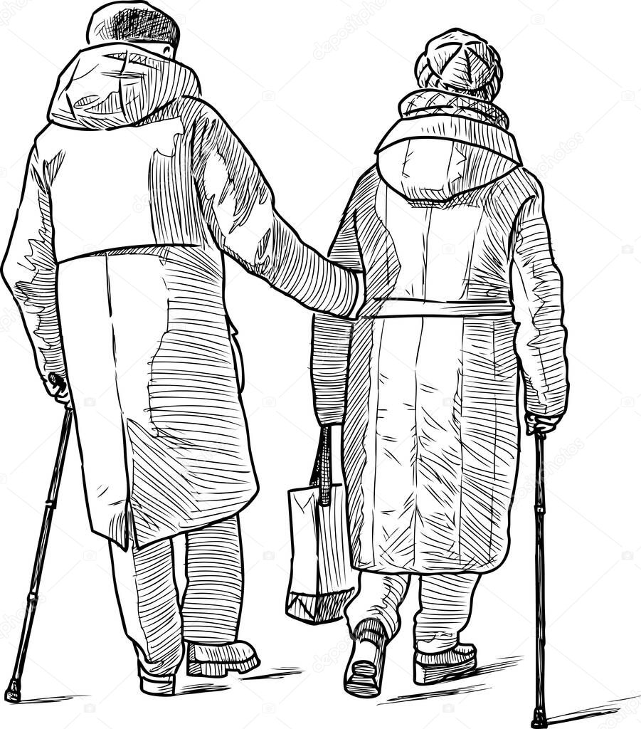 Sketch of couple old spouses with canes walking along street