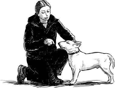 Sketch of young woman with her bull terrier outdoors clipart