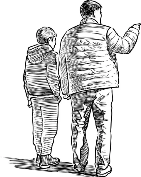 Freihändige Zeichnung Eines Vaters Mit Seinem Sohn Der Steht Und — Stockvektor