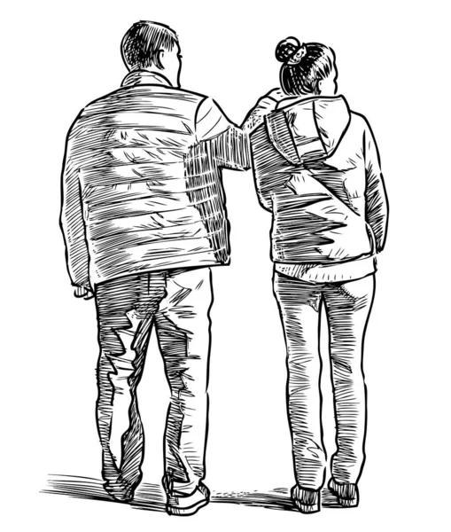 站在室外观看的夫妇的手绘图 — 图库矢量图片