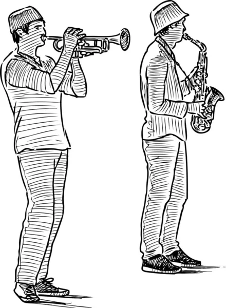 サックスとトランペットで演奏する二人組の若いストリートミュージシャンのフリーハンド ドローイング — ストックベクタ