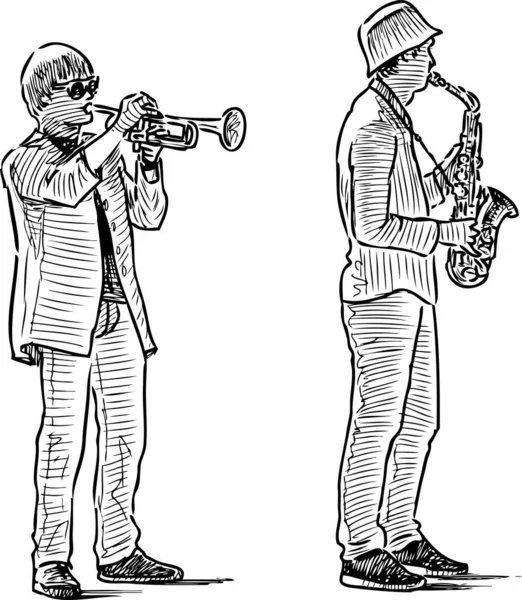 トランペットとサックスを演奏する2人の若いストリートミュージシャンのスケッチ — ストックベクタ