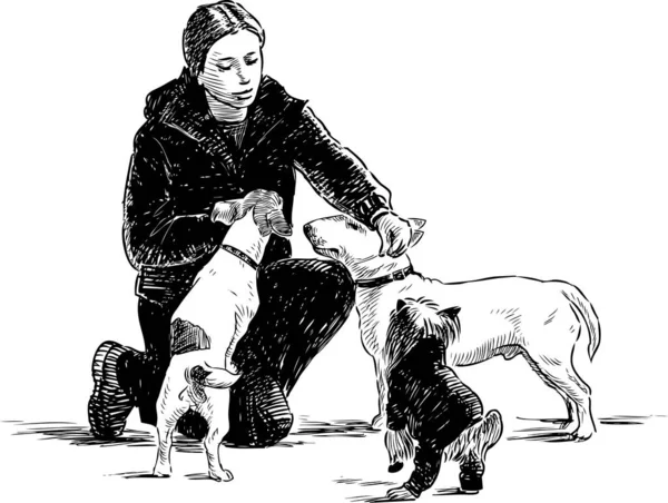 Bosquejo Mujer Joven Con Perros Varias Razas Aire Libre — Archivo Imágenes Vectoriales