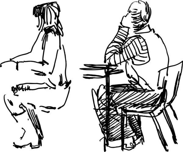 Bocetos Personas Sentadas Mesa — Vector de stock
