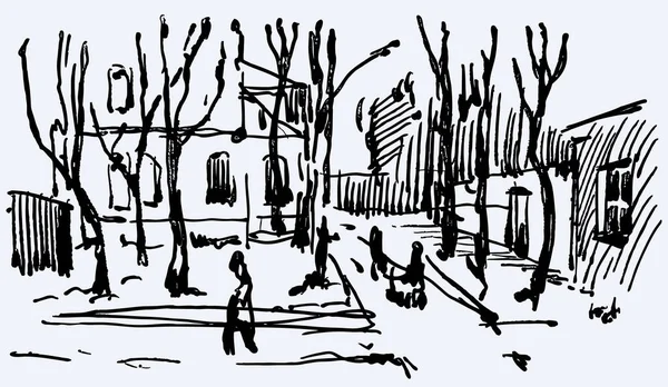Векторная Иллюстрация Городского Пейзажа Деревьями Домами Людьми Дворе — стоковый вектор