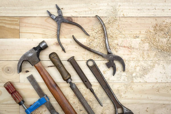 Top View Old Rusty Toolset Natural Pine Wood Workbench Work — Stock Photo, Image