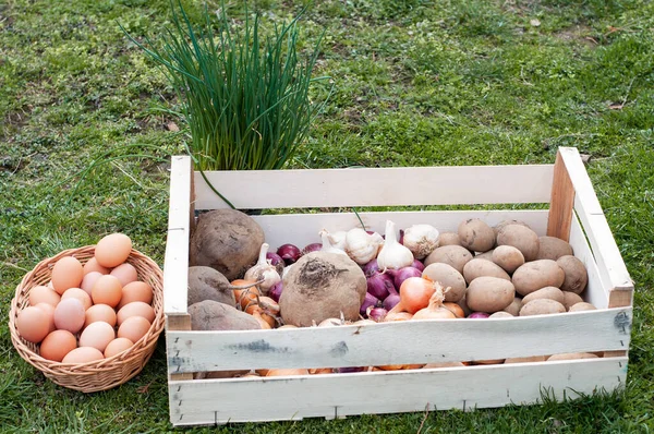 Fresh Farm Products Wooden Box — Stock Photo, Image