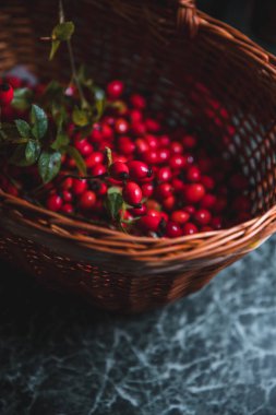 Sepette koyu kırmızı gül kalçası