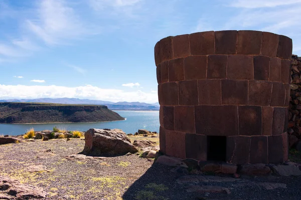Peru 'nun güneyinde, Puno' da Sillustani adında eski bir yerli mezarı. Ağaç
