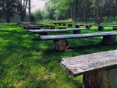Sıra sıra boş ahşap banklar bir açık hava tiyatrosu oluşturan yemyeşil bir park hizasında. Arka planda ağaçlar ve çalılar, hafif bir sis veya sis ile ışık kırılır. Burası şirketlerin toplantı yapmak için kullandıkları bir yer.