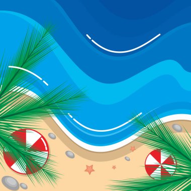 Plaj manzaralı, palmiye yapraklı ve deniz dalgalı Summerview posteri. Kağıt & düz biçim tasarımını kes