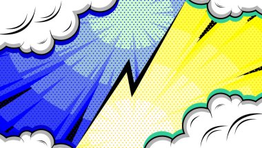 Popüler sanat arka planında Pow dinamik konuşma balonu olan noktalar. Vektör renkli el çizimi retro çizgi roman sanat tarzında.