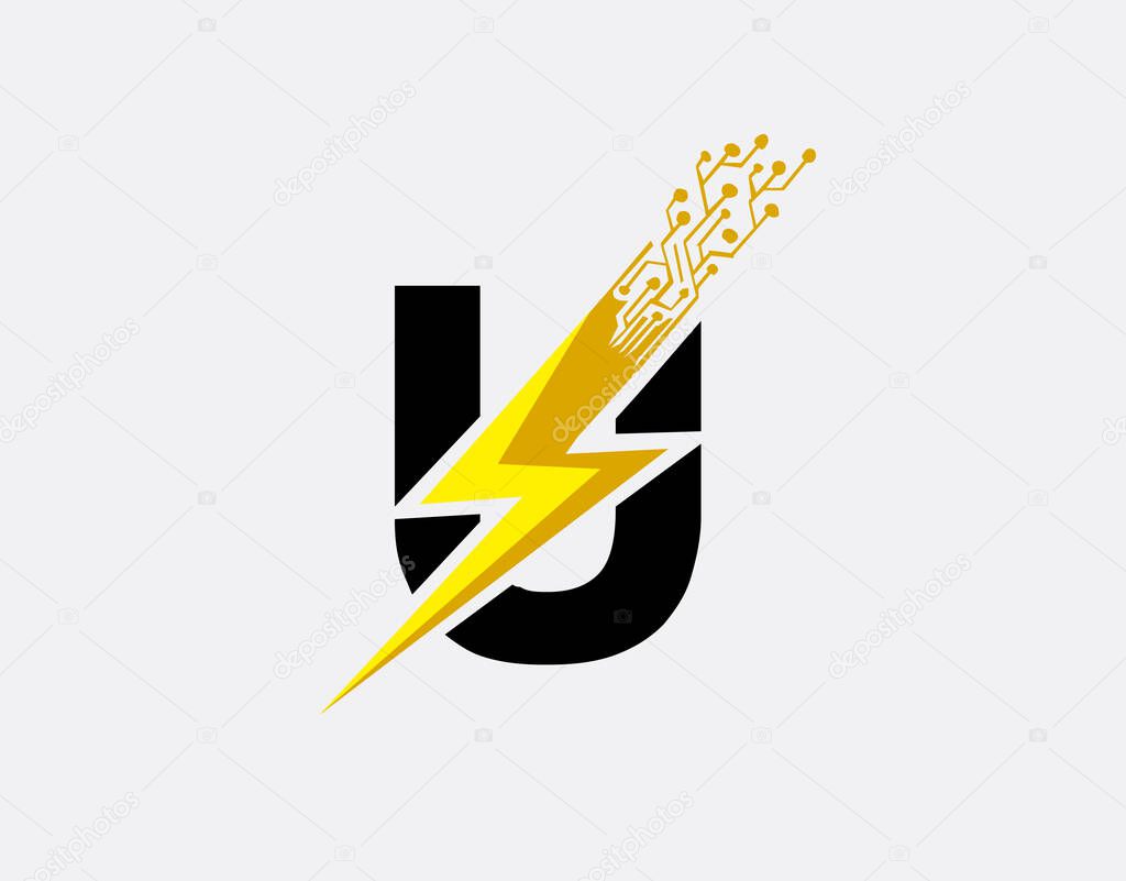 Flash U Letter Logo Icon, Electrical Bolt With Initial U Letter Logo Design.