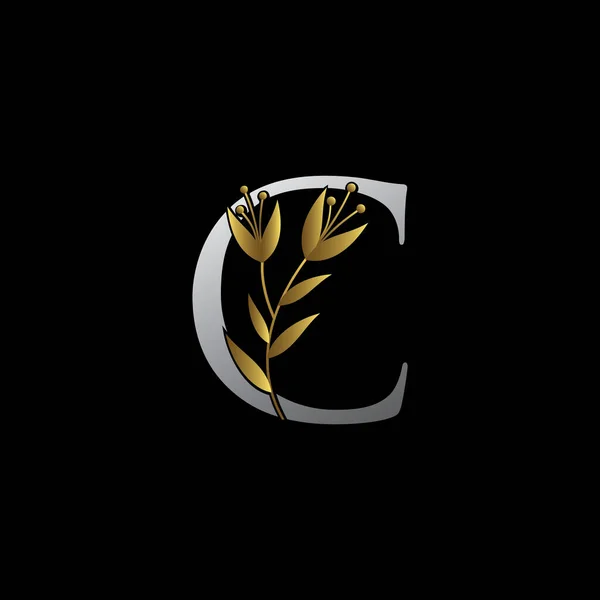 Logotipo Floral Lujo Con Letra Color Plata Oro — Vector de stock