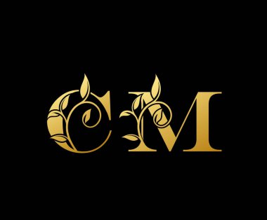 Altın CM Harf Logosu Simgesi, şık altın harfli logo simgesi butik, restoran, düğün servisi, otel veya iş kimliği için uygun.