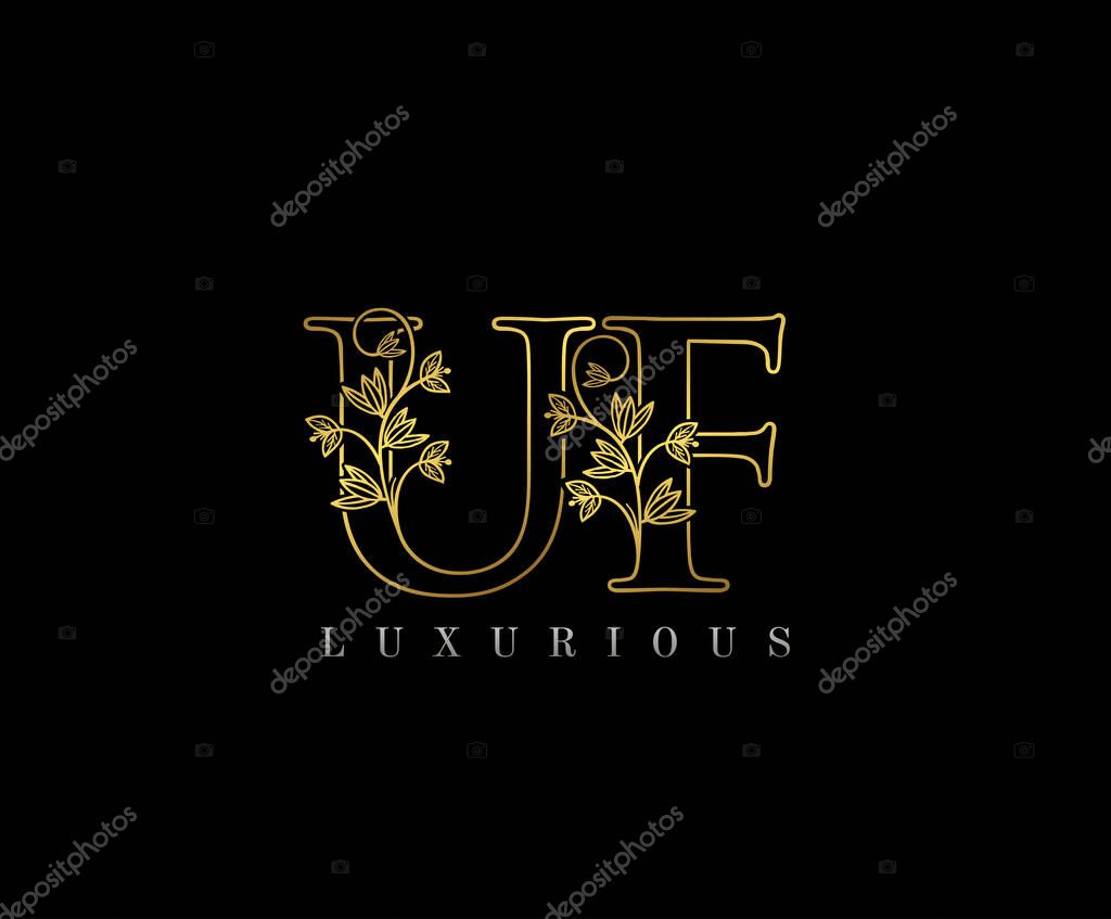 Golden UF Logo. Luxury UF Letter Flourishes Design Vector