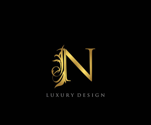 Letter N Design Vector Luxury Gold Color.Print monogram initials stamp line art sign symbol.