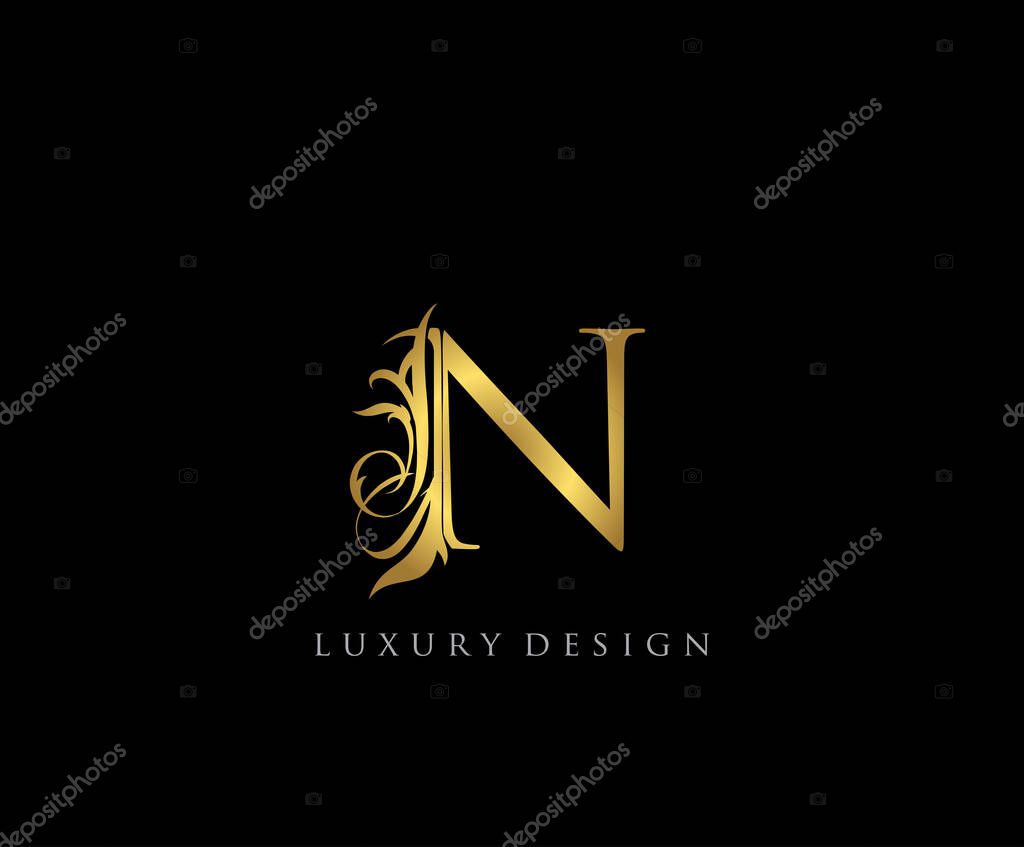 Letter N Design Vector Luxury Gold Color.Print monogram initials stamp line art sign symbol.