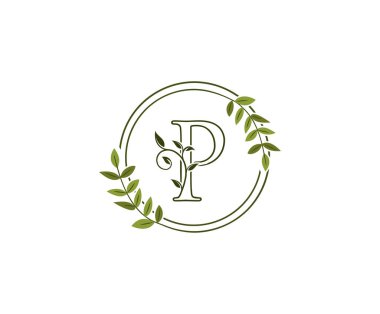 Güzel P Harfi Çiçek Logosu. P harfi yeşil çiçek desenli moda, mücevher, güzellik salonu ve otel logosu için mükemmel bir tasarım. Kozmetik, Spa Logosu. Tatil ve Restoran Logosu. 