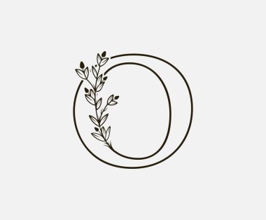 Klasik O Harfi Logosu. O Harf Tasarım Vektörü Siyah Renkli ve Çiçekli El Çizimi.