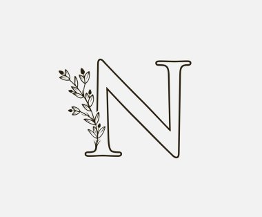 Vintage Harf N Logosu. Siyah Renkli ve Çiçekli Harf Tasarım Vektörü.