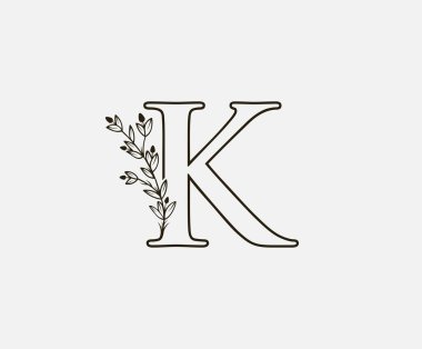 Klasik K harfi logosu. K Harfi Tasarım Vektörü Siyah Renkli ve Çiçekli El Çizimi.