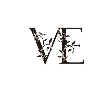 VE Luxurious logo simgesi, klasik lüks vektör tasarımı konsepti çiçek yapraklı altın renkli alfabe harfi.